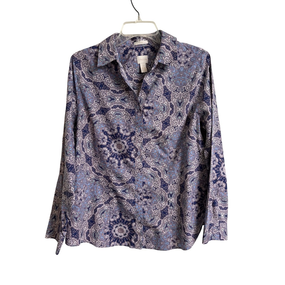 Chicos No Iron Button Down Shirt Womens 2 Large Blue Paisley Long Sleeve Blouse